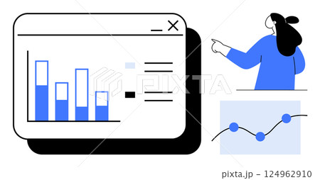 Person points at data charts including bar charts and line graph. Ideal for data analysis, business reports, presentations, statistical representation, and educational purposes. Simple vector style Person points at data charts including bar charts and line graph. Ideal for data analysis, business reports, presentations, statistical representation, and educational purposes. Simple vector style 124962910