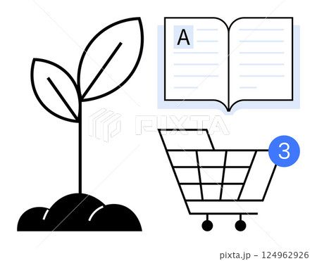 Young plant sprouting from soil, an open book with letter A, and shopping cart with notification. Ideal for education, growth, e-commerce, online learning, sustainability, environment, shopping. Line 124962926