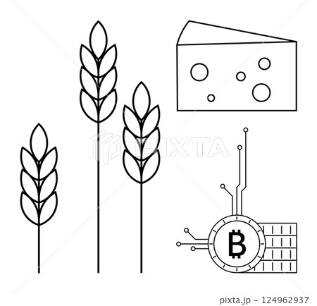 Three wheat stalks, a piece of cheese with holes, and a Bitcoin symbol with electronic circuitry connections. Ideal for agriculture, dairy industry, cryptocurrency, digital economy, technology 124962937