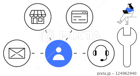 Customer service support illustrated with icons for a store, website, email, headset, and a person. Woman sitting with a laptop, large wrench. Ideal for customer support, communication, e-commerce 124962940