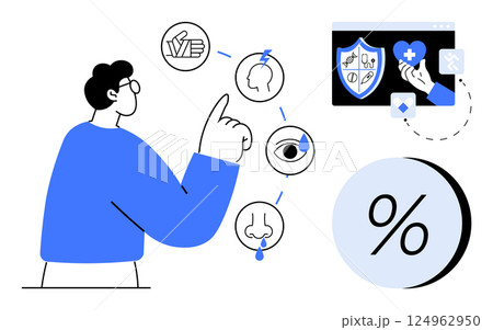 Person pointing at health-related icons including head, ear, eye, nose, and medical dashboard. Highlighting medical services, health monitoring, online consultation, healthcare insights, patient 124962950