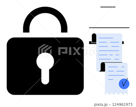 Large black padlock beside a rolled, blue receipt with a checkmark. Ideal for privacy, security, document verification, digital transactions, and authentication themes. Simple flat style 124962973