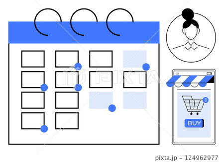 Calendar with days marked, user profile, and mobile shopping cart icon with notifications. Ideal for scheduling, e-commerce, user experience design, online shopping, and time management applications Calendar with days marked, user profile, and mobile shopping cart icon with notifications. Ideal for scheduling, e-commerce, user experience design, online shopping, and time management applications 124962977