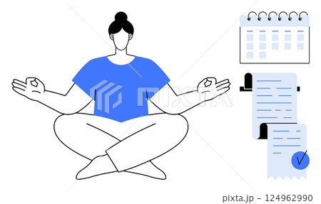 A person sits cross-legged meditating while surrounded by a calendar and documents. Ideal for work-life balance stress management time management mindfulness goal setting. Minimalist modern design 124962990