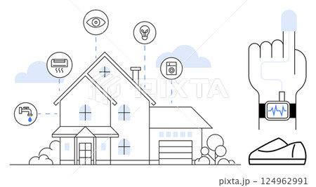 Modern house integrated with smart devices controlling lights, security, appliances, and health monitoring. Ideal for smart living, health tech, home automation, energy efficiency, convenience, home 124962991