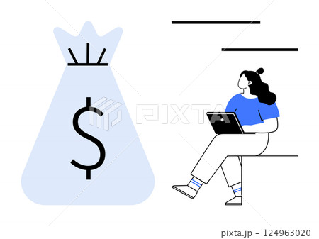 Woman sitting with laptop next to large money bag symbolizing financial success. Ideal for financial planning, entrepreneurship, saving strategies, investment advice, financial literacy, online 124963020