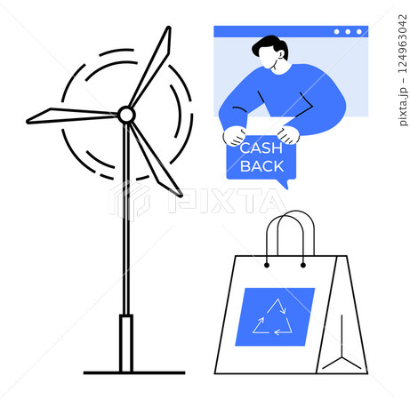 Wind turbine, person holding cash back sign on computer screen, and shopping bag with recycle symbol highlight sustainable practices. Ideal for eco-friendliness, green energy, online shopping 124963042