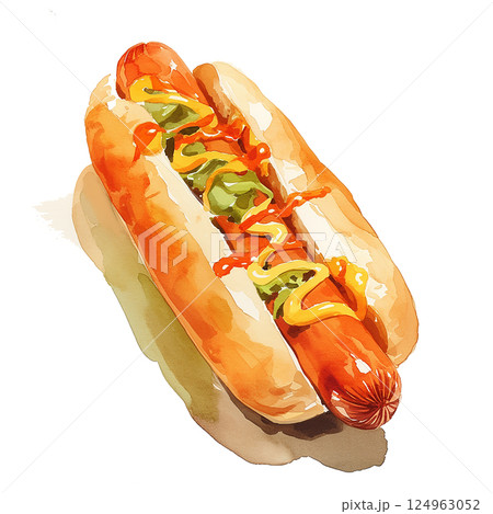 Enjoying a tasty hot dog topped with mustard, ketchup, and relish on a sunny day at a picnic or backyard gathering 124963052