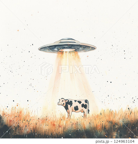 Strange encounter in a field as a UFO hovers above a cow during twilight 124963104