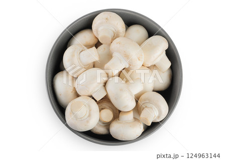 Fresh mushroom champignon in a ceramic bowl isolated on white background. Top view. Flat lay 124963144