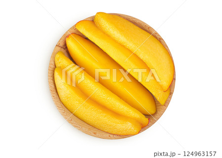 mango diced in wooden bowl isolated on white background. Top view. Flat lay 124963157