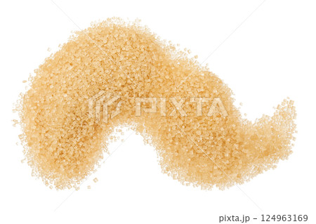 pile of brown granulated sugar isolated on white background. Top view, flat lay 124963169