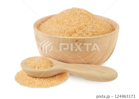 The brown sugar in wooden bowl and spoon isolated on white background 124963171