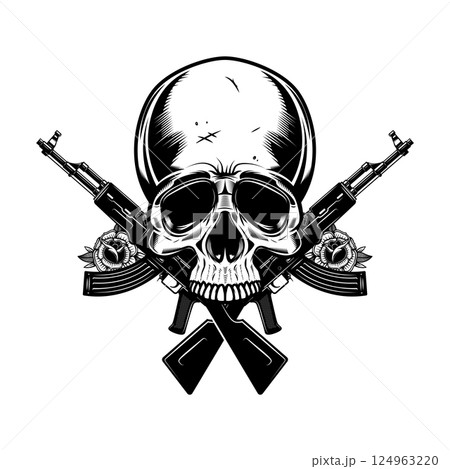 Illustration of the skull with crossed assault rifles. Design element for logo, label, sign, emblem. Vector illustration Illustration of the skull with crossed assault rifles. Design element for logo, label, sign, emblem. Vector illustration 124963220