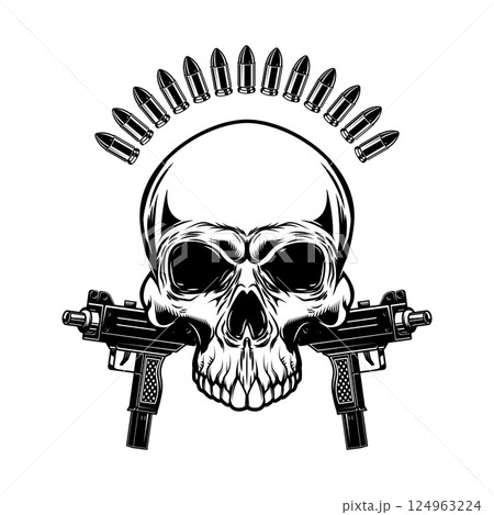 Illustration of the skull with crossed assault rifles. Design element for logo, label, sign, emblem. Vector illustration Illustration of the skull with crossed assault rifles. Design element for logo, label, sign, emblem. Vector illustration 124963224