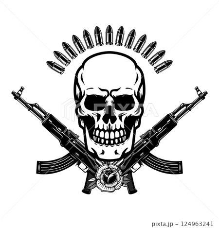 Illustration of the skull with crossed assault rifles. Design element for logo, label, sign, emblem. Vector illustration 124963241