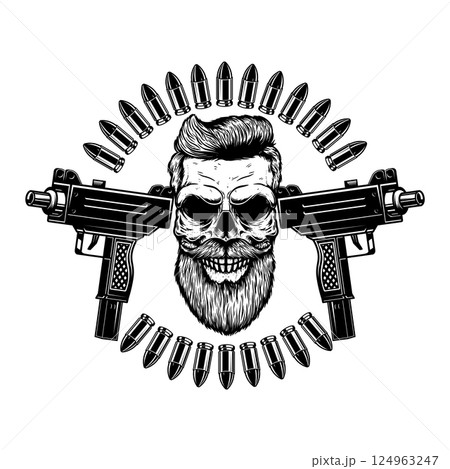 Illustration of the skull with crossed assault rifles. Design element for logo, label, sign, emblem. Vector illustration Illustration of the skull with crossed assault rifles. Design element for logo, label, sign, emblem. Vector illustration 124963247