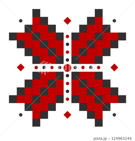 Creative Ukrainian embroidery in black and red colors, folk flower with four petals and a cross Creative Ukrainian embroidery in black and red colors, folk flower with four petals and a cross 124963248