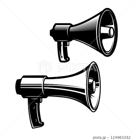 Illustration of the megaphone. Design element for logo, label, sign, badge. Vector illustration Illustration of the megaphone. Design element for logo, label, sign, badge. Vector illustration 124963282