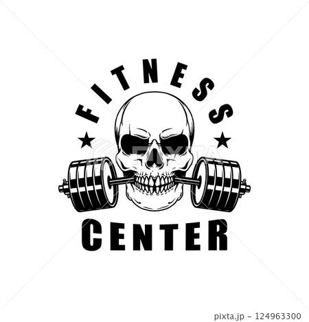 A black and white vector illustration of a skull with a barbell in its teeth, perfect for fitness and gym-related designs A black and white vector illustration of a skull with a barbell in its teeth, perfect for fitness and gym-related designs 124963300