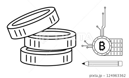 Stack of three coins, Bitcoin symbol with circuit elements, and pencil on white background. Ideal for cryptocurrency, blockchain technology, digital finance, investment, and fintech. Simple line art Stack of three coins, Bitcoin symbol with circuit elements, and pencil on white background. Ideal for cryptocurrency, blockchain technology, digital finance, investment, and fintech. Simple line art 124963362