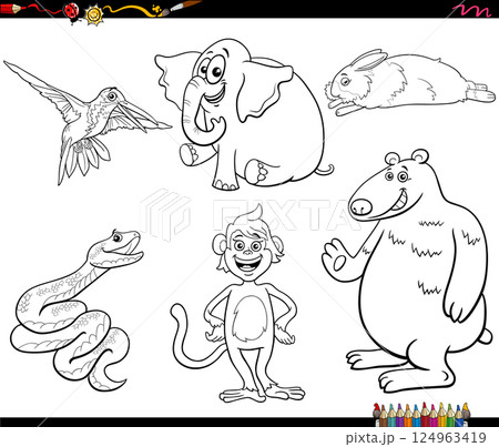 funny cartoon animal characters collection coloring page 124963419