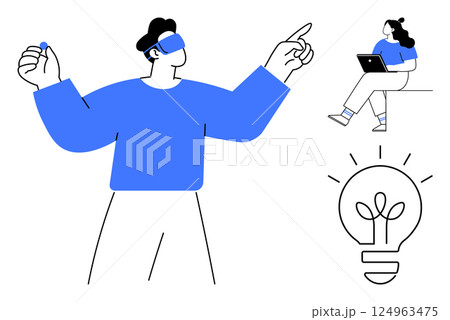 Man experiencing virtual reality, woman sitting with laptop, glowing light bulb. Ideal for technology, innovation, creativity, teamwork, digital solutions, remote work, education themes. Line 124963475