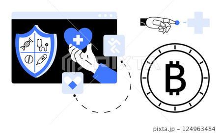 Computer screen with a health shield and heart, robotic hand inserting coin, Bitcoin symbol. Ideal for digital health, blockchain, finance technology, robotics, cryptocurrency, telemedicine. Line Computer screen with a health shield and heart, robotic hand inserting coin, Bitcoin symbol. Ideal for digital health, blockchain, finance technology, robotics, cryptocurrency, telemedicine. Line 124963484