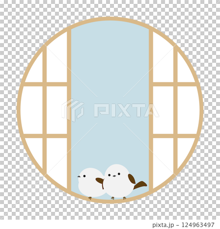 Japanese-style frame of long-tailed tit and round paper door, blue 124963497