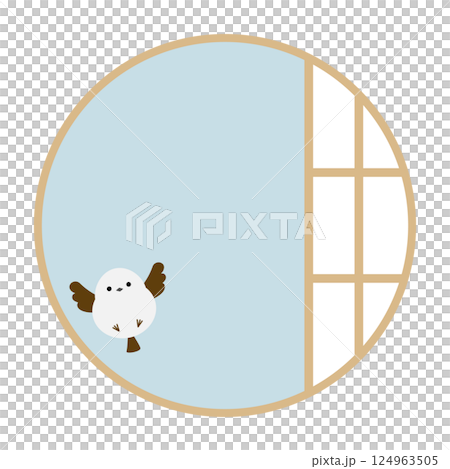 Japanese-style frame of long-tailed tit and round paper door, blue 124963505