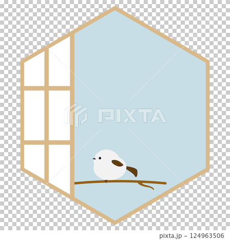 Japanese-style frame of long-tailed tit and hexagonal shoji screen, blue 124963506