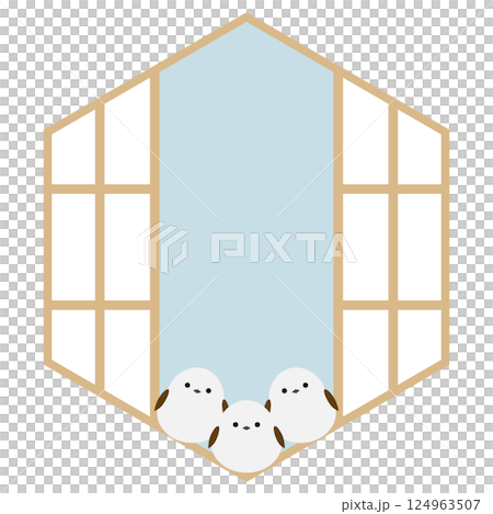 Japanese-style frame of long-tailed tit and hexagonal shoji screen, blue 124963507