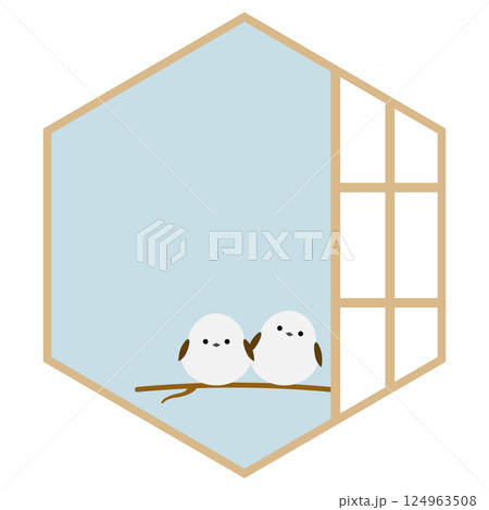 シマエナガと六角形障子の和風フレーム ブルー シマエナガと六角形障子の和風フレーム ブルー 124963508