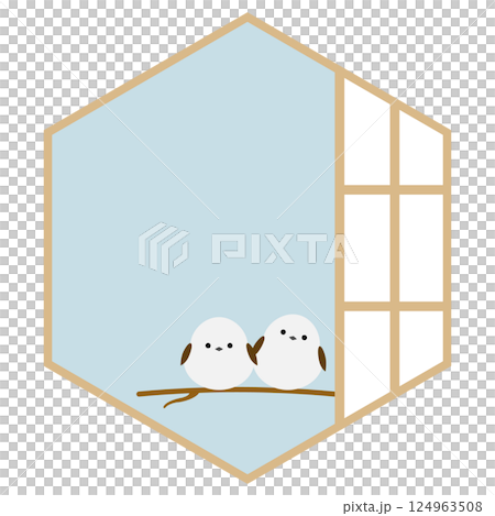 Japanese-style frame of long-tailed tit and hexagonal shoji screen, blue 124963508