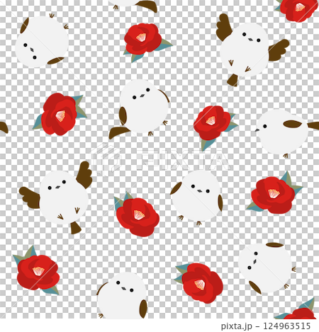 Seamless pattern with long-tailed tit and camellia 124963515
