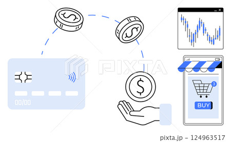 A credit card, coins, a hand receiving money, stock market chart, and online shopping app with buy button in minimalist style. Ideal for e-commerce, finance, transactions, investments, technology A credit card, coins, a hand receiving money, stock market chart, and online shopping app with buy button in minimalist style. Ideal for e-commerce, finance, transactions, investments, technology 124963517