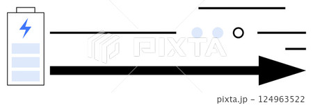 Battery displaying charge levels with an arrow symbolizing power flow. Ideal for energy, power management, battery life, electronics, sustainability, technology, and renewable energy concepts. Line 124963522