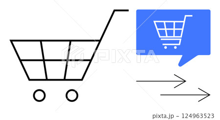 Shopping cart with handle and wheels next to a blue speech bubble featuring a shopping cart icon. Arrows pointing right indicate movement. Ideal for e-commerce, online shopping, retail, digital 124963523
