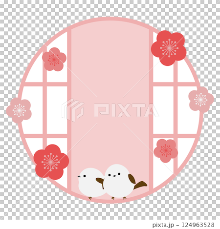 Japanese-style frame of long-tailed tit and round paper door, pink 124963528