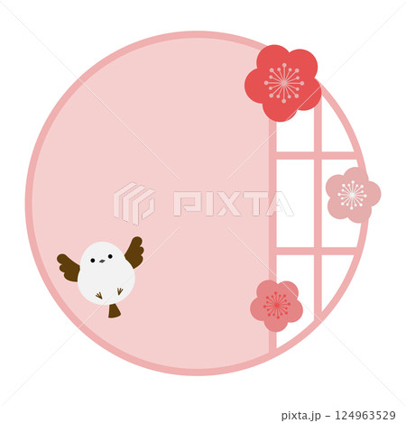 シマエナガと丸障子の和風フレーム ピンク シマエナガと丸障子の和風フレーム ピンク 124963529