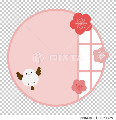 Japanese-style frame of long-tailed tit and round paper door, pink 124963529