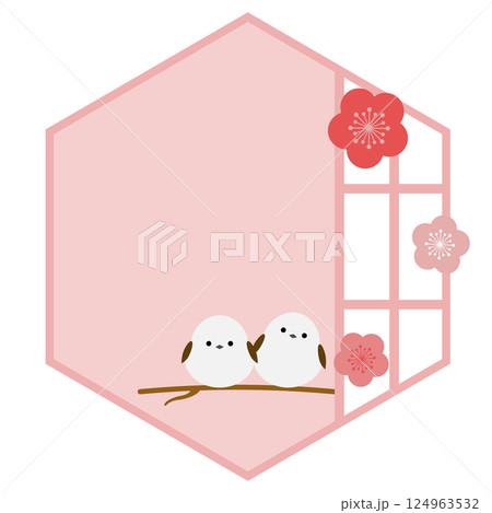 シマエナガと六角形障子の和風フレーム ピンク シマエナガと六角形障子の和風フレーム ピンク 124963532
