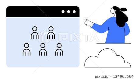 A woman points towards a web browser window displaying user icons. Below is a cloud symbol. Ideal for teamwork, remote work, collaboration, communication, and cloud services. Minimalist, modern 124963564