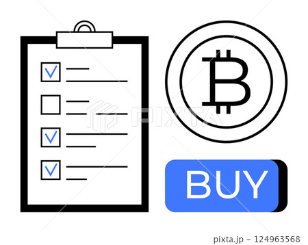 Clipboard with checklist, Bitcoin symbol, and BUY button. Ideal for finance, investment, cryptocurrency, planning, e-commerce, online shopping, and digital transactions. Line metaphor Clipboard with checklist, Bitcoin symbol, and BUY button. Ideal for finance, investment, cryptocurrency, planning, e-commerce, online shopping, and digital transactions. Line metaphor 124963568
