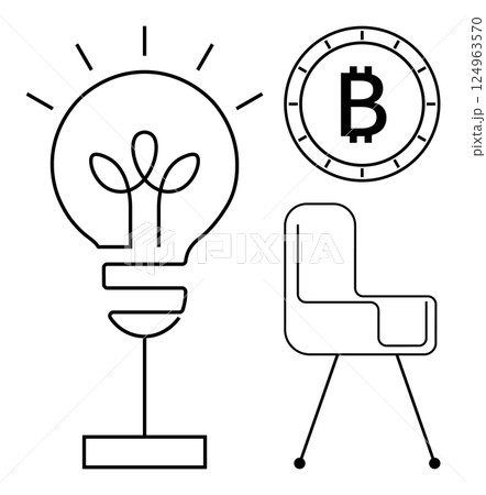 Lightbulb with sprouting plant, Bitcoin coin, and modern office chair line art. Ideal for innovation, cryptocurrency, office decor, startups, tech industry, business trends, productivity themes. Line 124963570