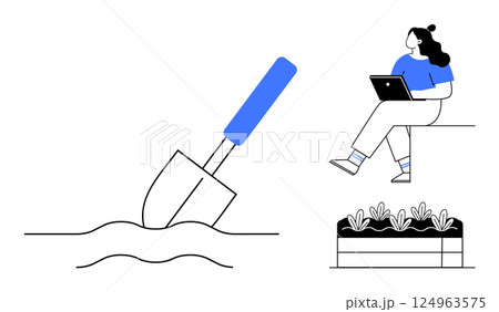 Gardening trowel digging soil. Woman sitting with laptop. Raised plant beds with plants. Ideal for urban gardening, remote work, horticulture, plant care, home gardening, outdoor activities, and tech Gardening trowel digging soil. Woman sitting with laptop. Raised plant beds with plants. Ideal for urban gardening, remote work, horticulture, plant care, home gardening, outdoor activities, and tech 124963575