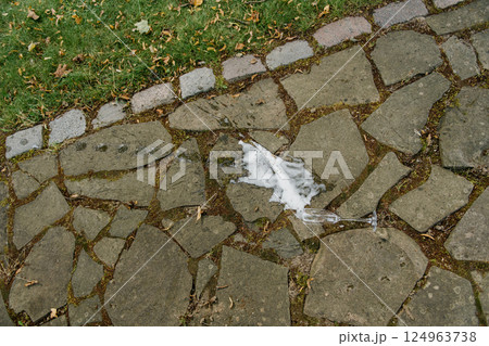 A single white feather is gently resting on a stone walkway pathway A single white feather is gently resting on a stone walkway pathway 124963738