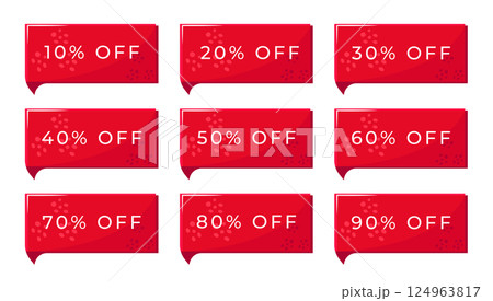 Red discount banner set in rectangular form, vector color coupons in many percentage variations, offer from 10% to 90%, button to increase sales on your website 124963817