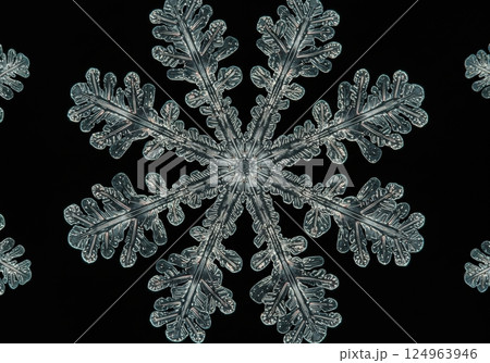 Intricate snowflake kaleidoscope pattern with delicate symmetrical design Intricate snowflake kaleidoscope pattern with delicate symmetrical design 124963946