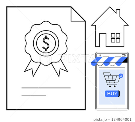 A certificate with a dollar sign and ribbons, a house, and a smartphone with a shopping cart icon. Ideal for online shopping, certifications, real estate, financial transactions, and digital A certificate with a dollar sign and ribbons, a house, and a smartphone with a shopping cart icon. Ideal for online shopping, certifications, real estate, financial transactions, and digital 124964001